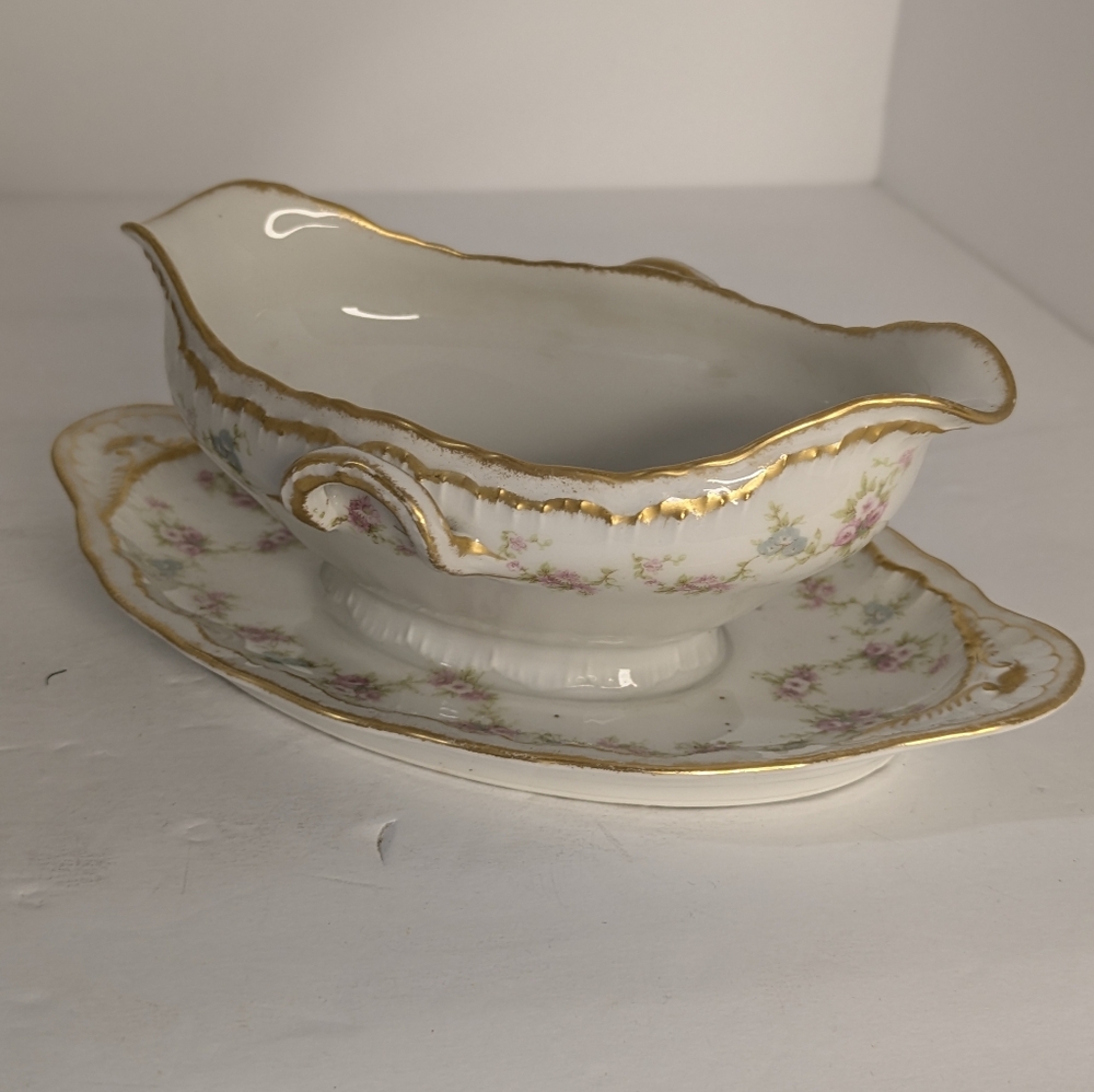 Haviland Limoges Gravy Boat Attached Plate Pink Blue Flowers Double Gold Trim